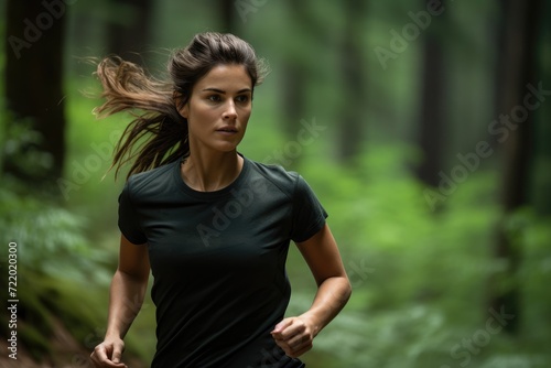 A woman wearing a black shirt is captured in motion as she runs through a forest.