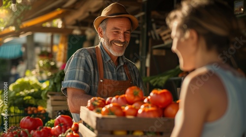 Middle-Aged Man Inviting a Female Shopper to Savor Tomatoes and Other Organic Produce Directly From the Farm.Local Farmer in Small Business. Generative AI photo
