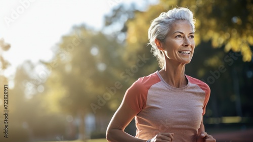 Joyful Senior Woman, Dressed In Sportswear, Joyfully Runs Along A Park During Her Outdoor Fitness Workout In The Summer. Aging Gracefully, Embracing A Healthy Lifestyle And Concept Of Exercise. AI