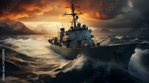 High-angle shot of a naval destroyer patrolling the open sea, showcasing naval power and maritime security