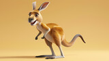 A playful and energetic 3D cartoon kangaroo bouncing around on a sandy brown background.