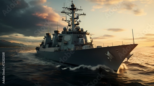 High-angle shot of a naval destroyer patrolling the open sea, showcasing naval power and maritime security