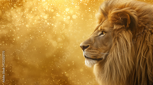 A regal lion with a vibrant mane against a luxurious gold backdrop.