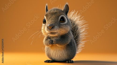 A lively 3D animated squirrel with endless energy set against a rich chestnut brown background.