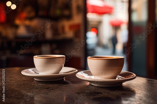 Two cups of coffee sit on top of a wooden table, with steam rising from the hot beverages.