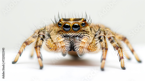 A captivating eye-level shot of a spider captured in perfect focus and depth of field, showcasing intricate details.