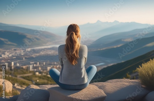 Adventure photo of young short haired woman sitting on the rock over the city with hill (Zobor) on background. Traveler (female model) resting and enjoying the view on the cityscape and landscape. photo