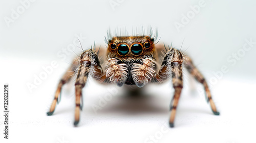 A captivating eye-level shot of a spider captured in perfect focus and depth of field, showcasing intricate details.
