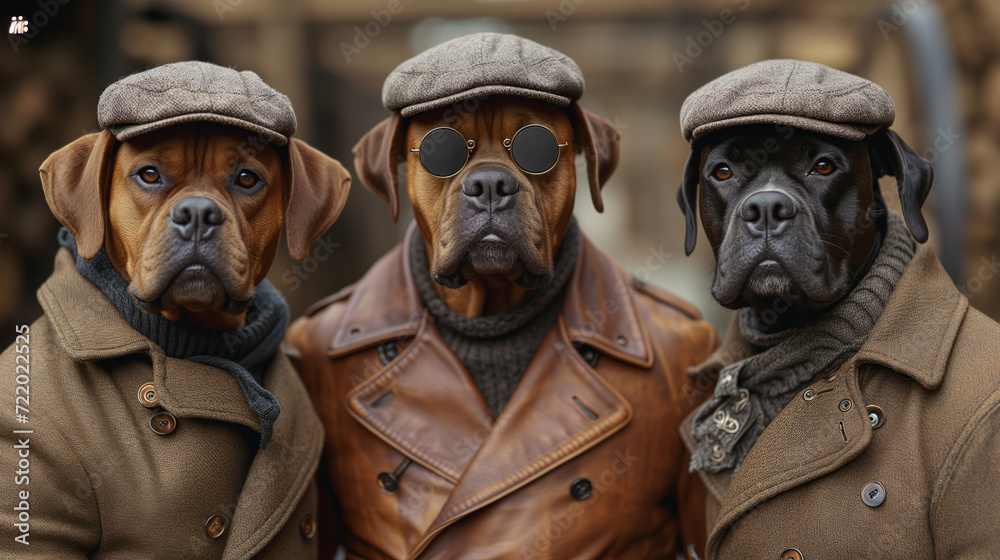 cool fashion dogs wearing man's clothes posing like fashion models