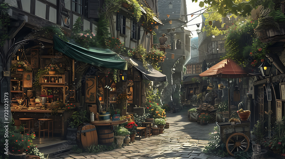 A lively medieval marketplace filled with mythical creatures and enchanting treasures.