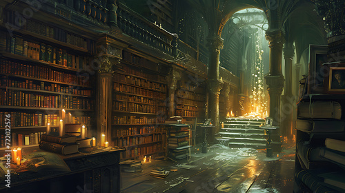 A mystical library where shelves stretch endlessly, filled with ancient tomes, and floating candles illuminate the enchanting space.