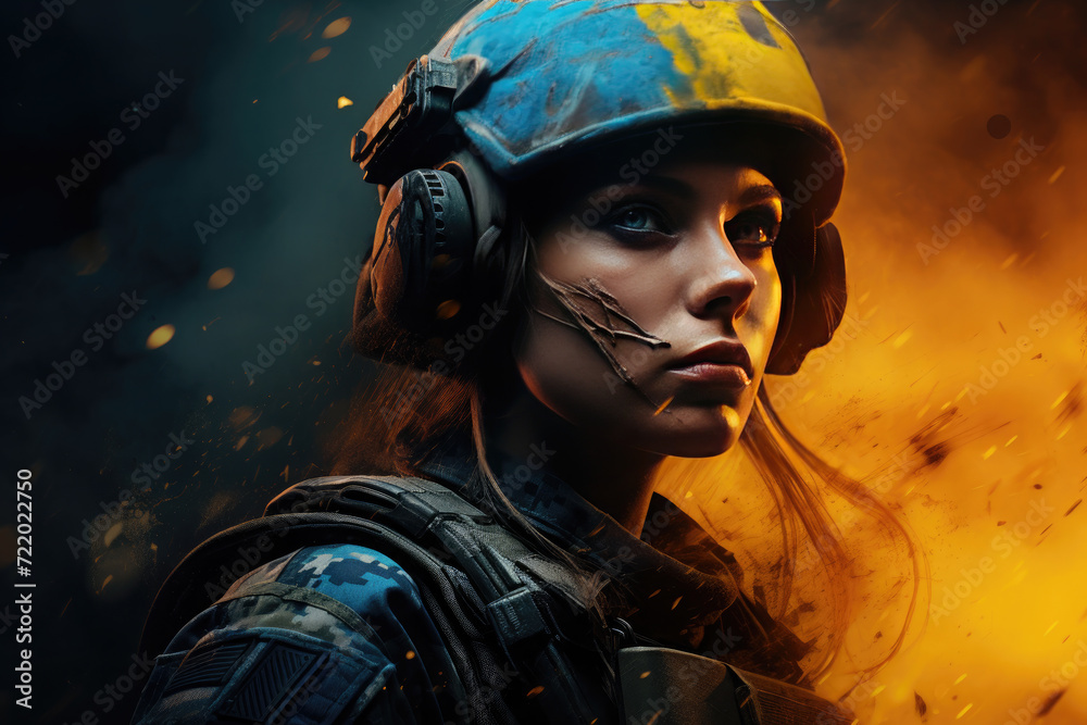 Portrait woman warrior, soldier, military man. War in Ukraine.Independence Day of Ukraine, the price of freedom,victory. Portrait woman warrior, soldier, military man. War in Ukraine.Independence Day of Ukraine, the price of freedom,victory.