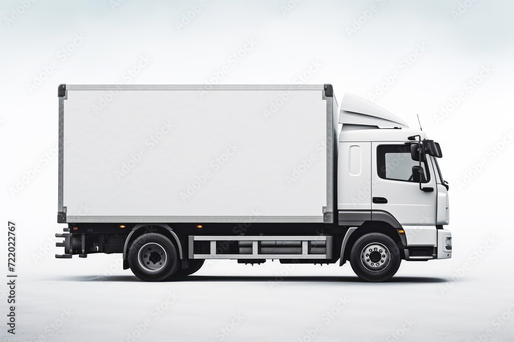 A white truck is parked on a white surface, blending seamlessly into its surroundings.