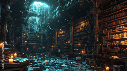 A mystical library where shelves stretch endlessly, filled with ancient tomes, and floating candles illuminate the enchanting space. photo