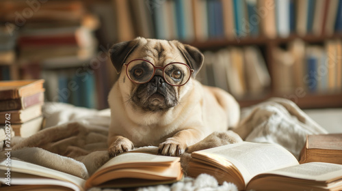adorable little pug with eyeglasses reading while laying down on blanket