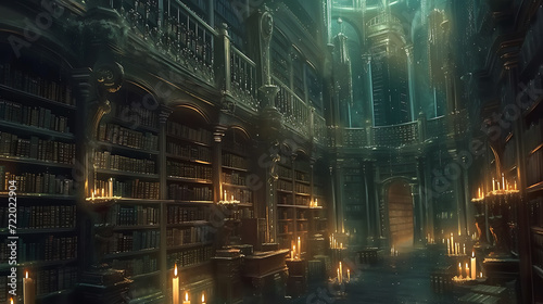 Enter a mystical library overflowing with ancient tomes and floating candles illuminating the path ahead.