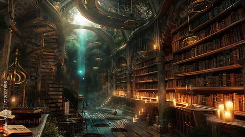 Enter a mystical library overflowing with ancient tomes and floating candles illuminating the path ahead. photo