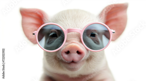 cute little pink pig with pink glasses posing in front of white background photo