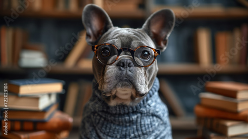 nerdy french bulldog puppy with glasses looking forward