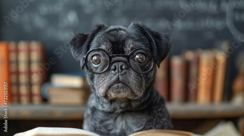 shocked little pug with glasses being surprised by the amount of information