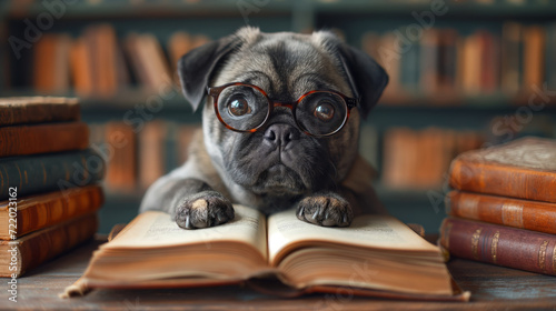 timid little pug with glasses opening book and reading for his finals
