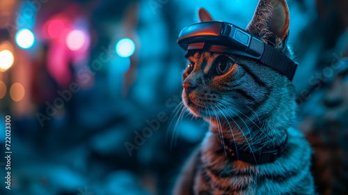 cool cat with virtual reality headset looking to side photo