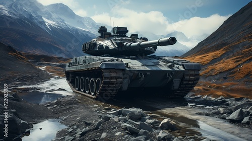 High-resolution image of a futuristic military tank rolling across rugged terrain during a live-fire exercise