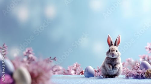 Easter card with bunny and Easter eggs on the grass on a blue background. Happy Easter. Copy space