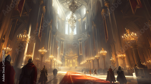 A majestic royal court filled with gallant knights, influential noble families, and a magnificent grand throne room.