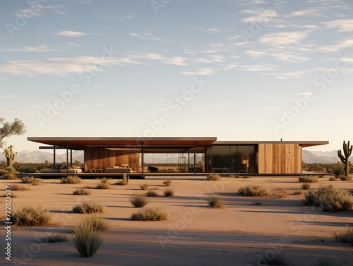 An arid desert scene featuring a prominent building sitting amidst the vast expanse of the desert. © pham