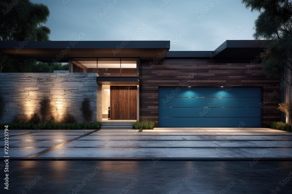 A contemporary residential building showcasing its blue garage door against a sleek facade.