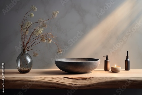 A table adorned with a ceramic bowl and a glass vase filled with a vibrant arrangement of flowers.