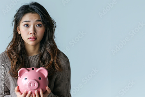 Financial Concerns: Beautiful Asian Woman Contemplates Savings with Piggy Bank