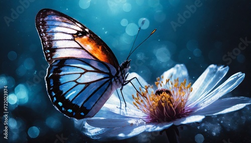 butterfly on a flower.a serene scene with a beautiful butterfly elegantly isolated against a deep blue background. Highlight the ethereal qualities of the butterfly's presence, infusing the scene with
