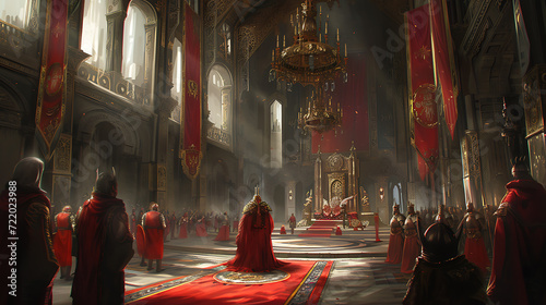 A majestic high fantasy royal court filled with gallant knights, influential noble families, and a grand throne room fit for a monarch's reign. photo