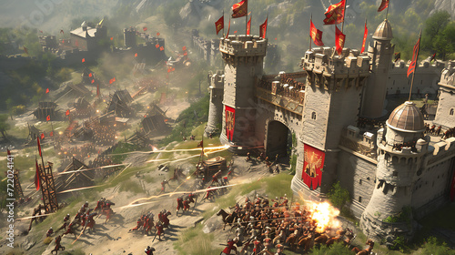 Witness an epic medieval castle siege as catapults launch projectiles, archers rain arrows, and knights clash in fierce battle. photo