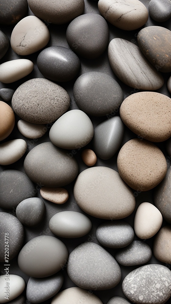 A lot of smooth stones lie on the gray surface. Sea pebbles on the table. Generated AI. A lot of smooth stones lie on the gray surface. Sea pebbles on the table. Generated AI.