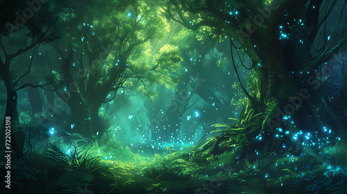 A mystical forest adorned with immense, time-honored trees that conceal elusive fairies among ethereal bioluminescent flora.