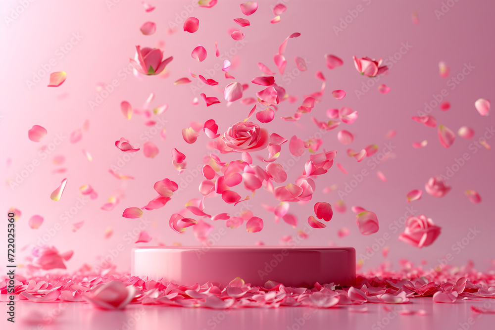 Obraz premium Pink product podium placement on a pink background with flying petals