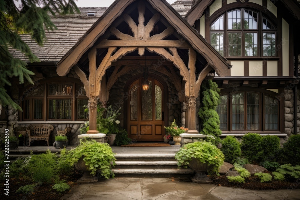 A striking large house stands tall, showcasing a robust wooden front door, adding a touch of elegance and security to the architectural design.