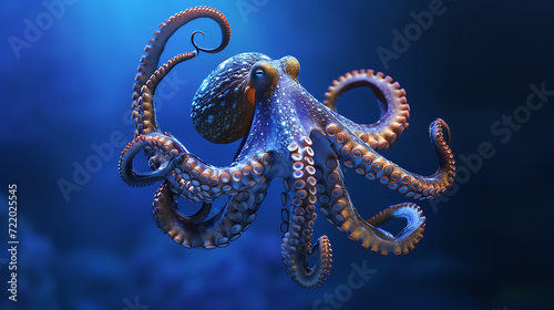 A captivating 3D rendition of a stylized octopus submerged in the depths of a mesmerizing deep ocean blue background, reflecting its mysterious and intelligent nature. © stocker