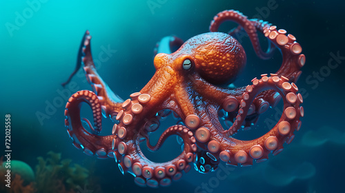 A captivating 3D rendition of a stylized octopus submerged in the depths of a mesmerizing deep ocean blue background, reflecting its mysterious and intelligent nature.