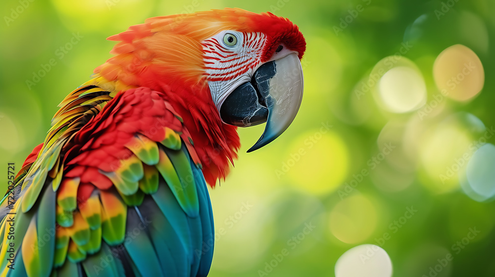 A vibrant parrot with a stunning array of multicolored feathers perched on a lush bright green background.