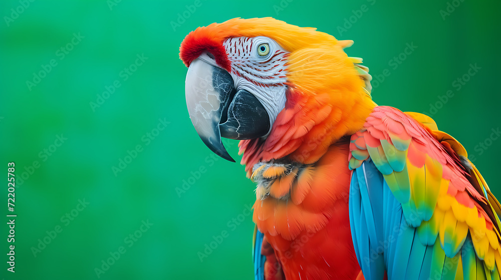 A vibrant parrot with a magnificent display of multicolored feathers stands out against a vivid green backdrop.
