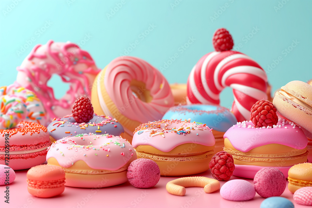 Cupcakes, macarons and sweet on a pink pastel background Cupcakes, macarons and sweet on a pink pastel background