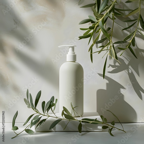 Luxury shampoo mockup with natural lighting and olive leaves