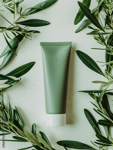 Luxury cream mockup with natural lighting and olive leaves