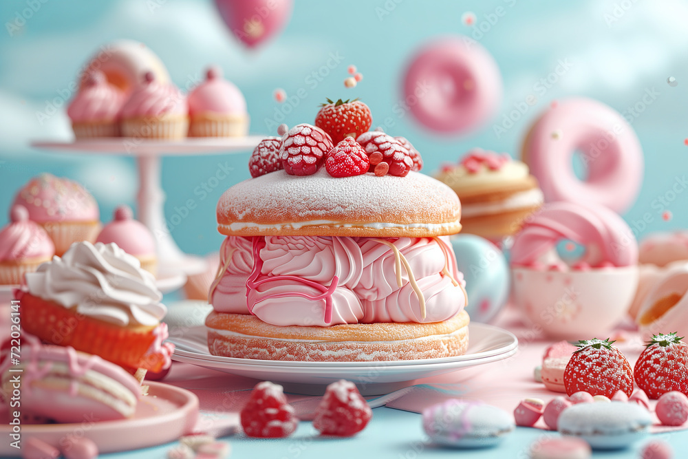 Cake and sweet on a pink pastel background Cake and sweet on a pink pastel background