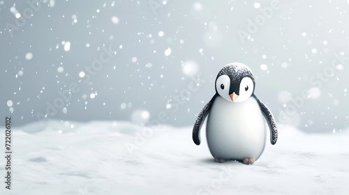 A charming penguin waddles across a snowy landscape, framed against a light gray backdrop. © stocker