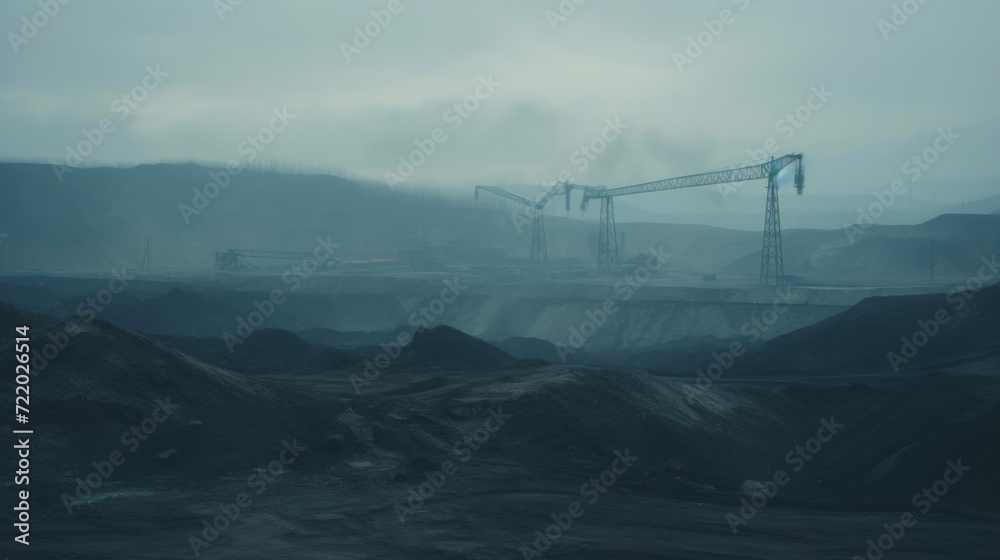 Coal mining industrial landscape. Heavy pollution, smoke, dust, ruined ecosystem. Generative AI